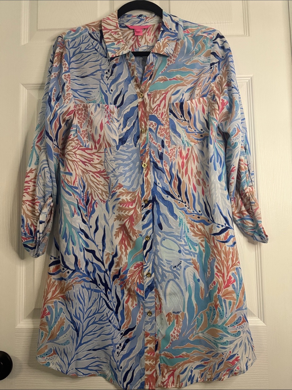 Lilly Pulitzer Light Blue Multicolor Coral-Print Button-Front Coverup